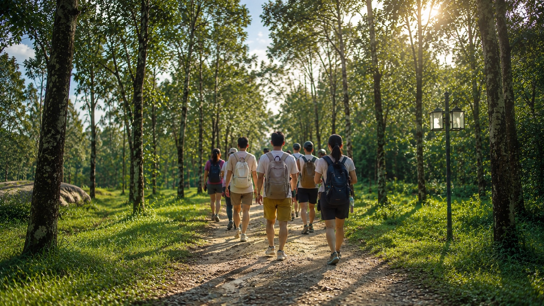 學員走在 Alba Wellness Valley 的林間步道中